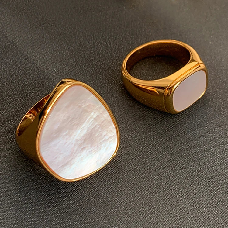 Vintage Brass Plating 18k High Shine Gold White Mother of Pearl Ring Female Jewelry Logo Custom