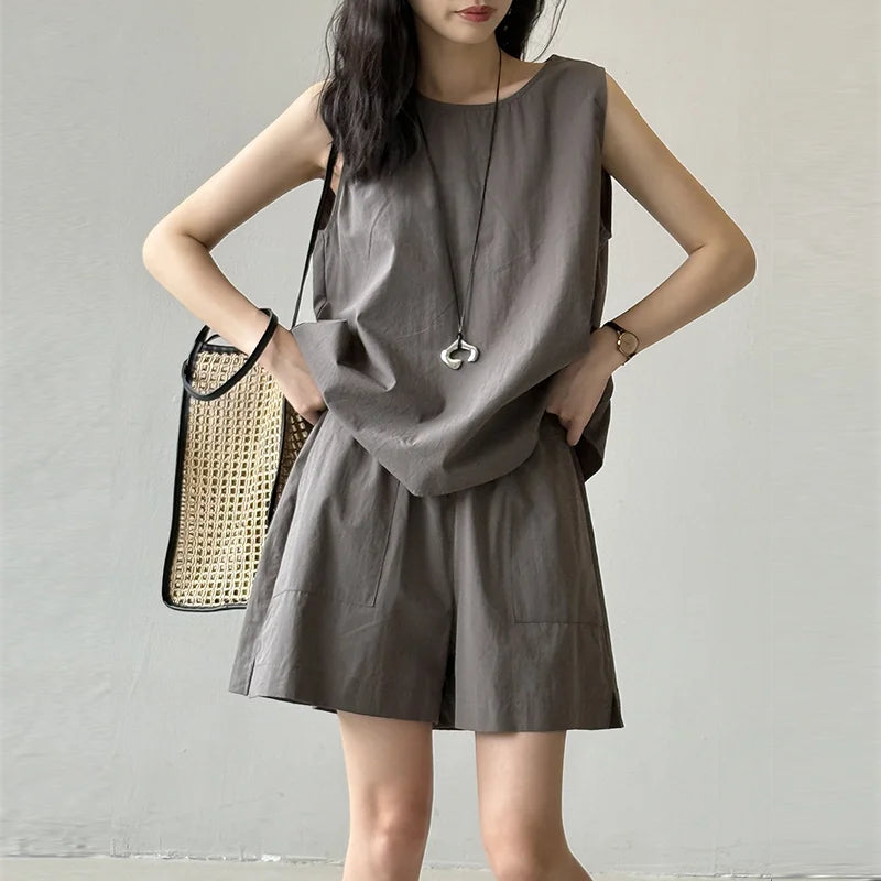 Wholesale Casual Women Cotton Vest Pockets Shorts Back Tie up Strap Tank Top Solid Color Two-piece Set