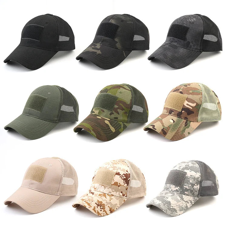 Custom Summer Outdoor Sport Rubber Patch Logo Stock Camo Mesh Hole Curved Brim Buckle Closure Heat Resistant Silicone Baseball