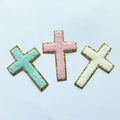 New Arrival Hot Fix Heat Seal Backing Gold Glitter Border Embroidery 3D Chenille Patch Christian Cross Toweling Applique Patches