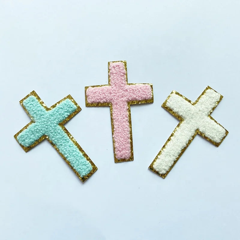 New Arrival Hot Fix Heat Seal Backing Gold Glitter Border Embroidery 3D Chenille Patch Christian Cross Toweling Applique Patches