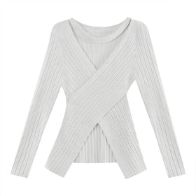 Women's Y2K Fashion Casual Knitted Pullover Sweater Winter Crew Neck Long Sleeve with Irregular Cross Hollow Design for Autumn