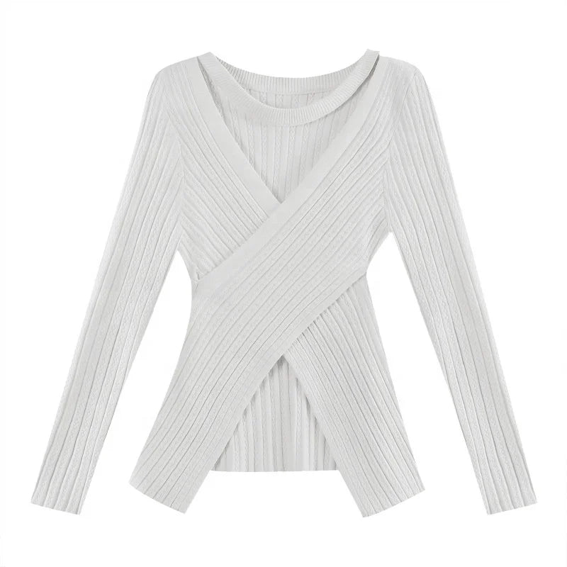 Women's Y2K Fashion Casual Knitted Pullover Sweater Winter Crew Neck Long Sleeve with Irregular Cross Hollow Design for Autumn