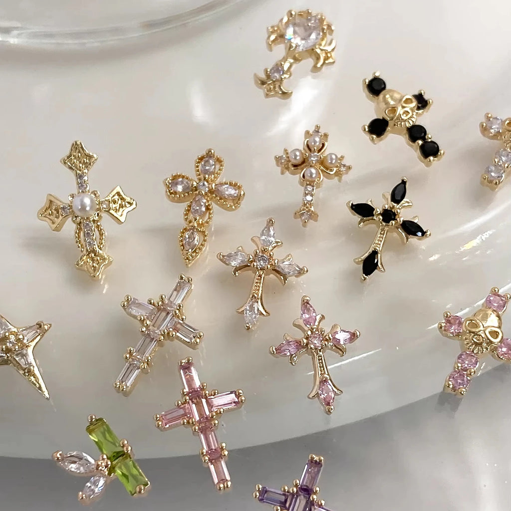 Super Flash Retro Skull Punk Style 3D Nail Cross Jewelry Popular Alloy Cro Accessories with Zircon Rhinestone