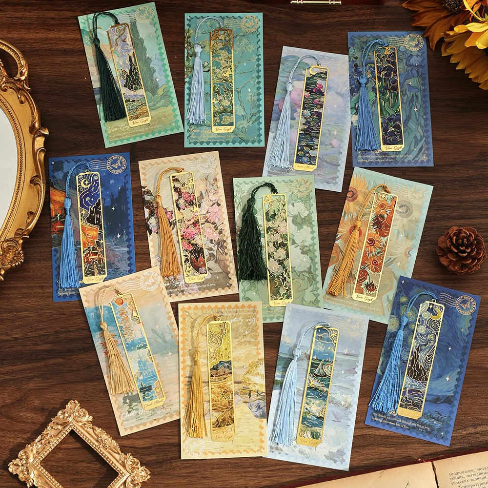 IMODA Stationery 1pc Hollow Flower Metal Bookmark With Tassel Van Gogh Painting Book Marks for Book Lovers Writers Readers
