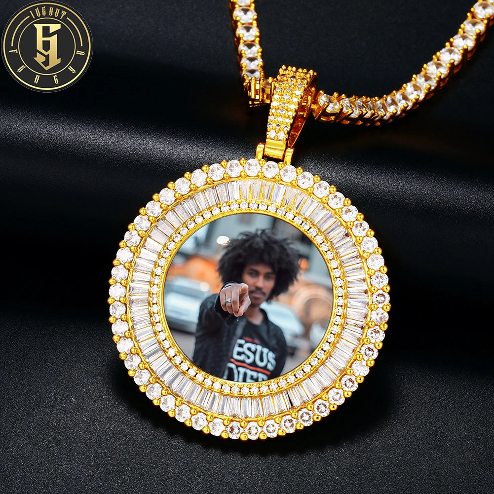 Memorial Jewelry Wholesale 18K Gold Plated Brass 3 Rows 5A Baguette CZ Diamond Photo Frame Geometric Pendant