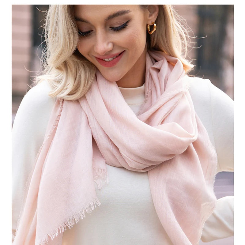 Wholesale Solid Color Custom Logo Polyester and Linen Scarves Women's Necklaces Silk Beach Long Scarves Wrap Shawls