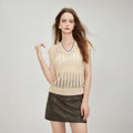 Dazzling Two-tone Striped Ribbed Edge Hollow Knit Sweater Women's Sequined Tulle V-neck Mesh Vest Sweater T-shirt