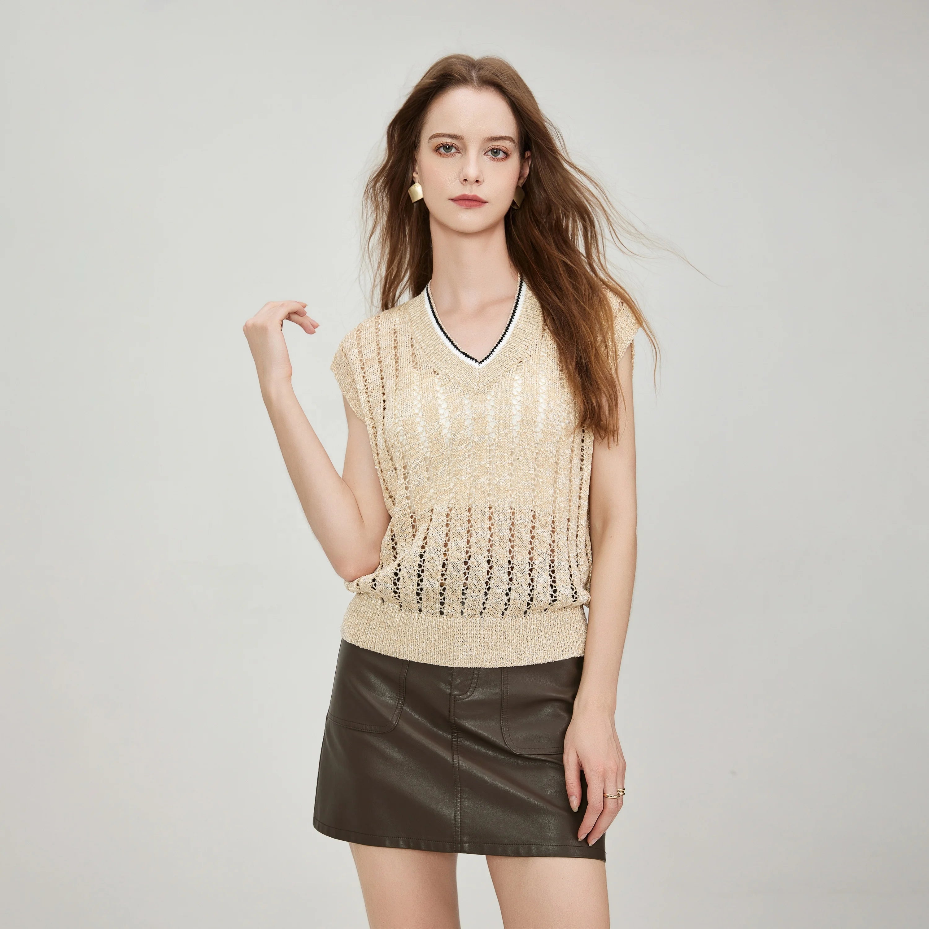 Dazzling Two-tone Striped Ribbed Edge Hollow Knit Sweater Women's Sequined Tulle V-neck Mesh Vest Sweater T-shirt