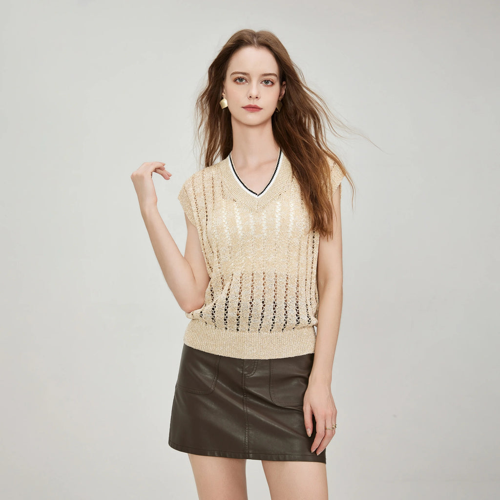 Dazzling Two-tone Striped Ribbed Edge Hollow Knit Sweater Women's Sequined Tulle V-neck Mesh Vest Sweater T-shirt