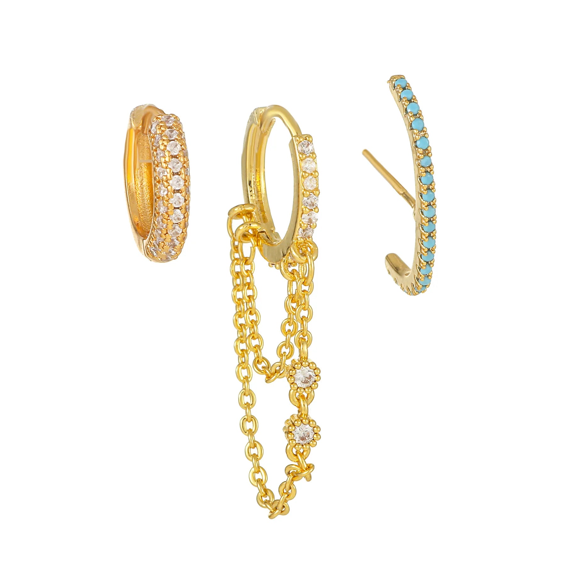 Turquoise 925 Silver Needle Huggie Earrings Set for Women 3pcs/Tassel Design Trendy Earrings