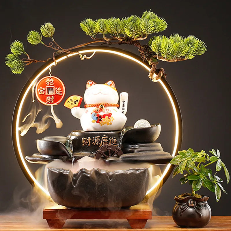 2024 Ornament Indoor Smoke Water Fountain With Fish Tank for Home Office Desktop Decor Led Light Backflow Waterfall Incense Burn