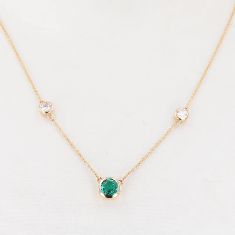 Fine Jewelry Necklaces Lab Emerald columbia Stone Round Shape Diamond Necklace 14k Gold 17 Inches.