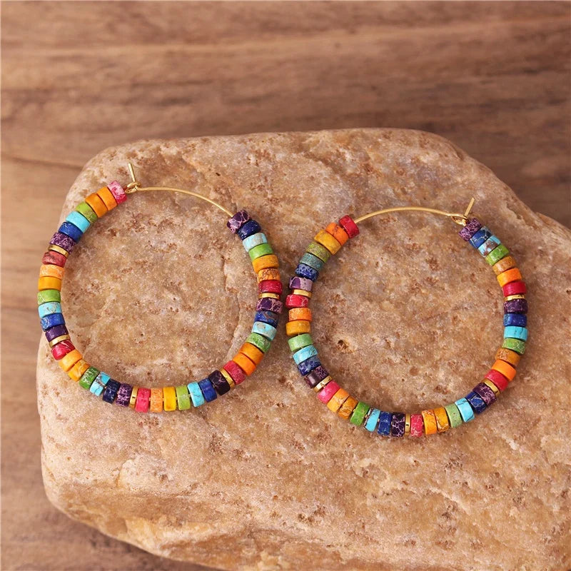 Bohemia 2x4mm Rainbow 7 Chakra Natural Stone Jasper Beads Hoop Earrings Boho Gemstone Beaded Dangle Earrings for Women Wholesale