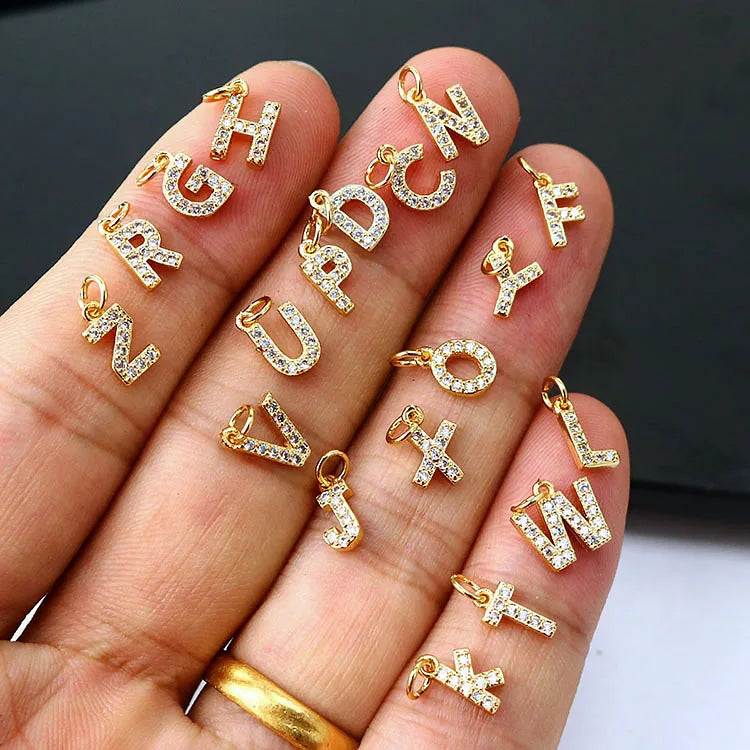 CZ7986 Tiny Dainty Mini 18k Gold CZ Initial CharmsClear CZ Pave Gold Uppercase Initial Charms 26 Letter Alphabet Pendant Charms