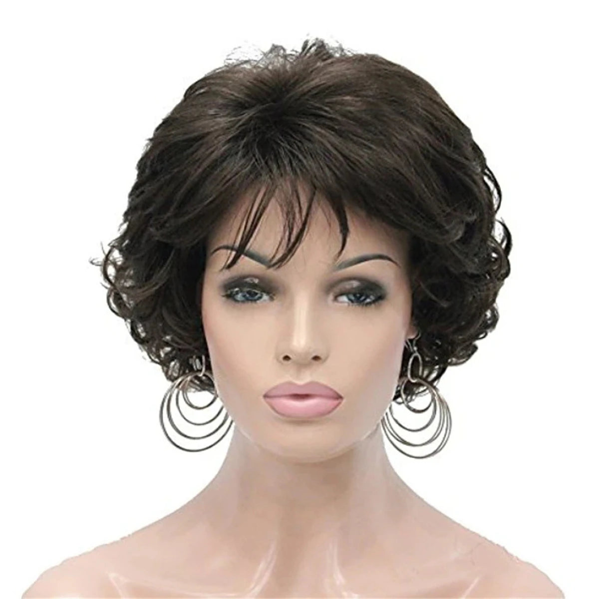 Women Ladies Daily Short Curly Wavy Wig with Hair Bangs Synthetic Fashion Brown Hair Wigs