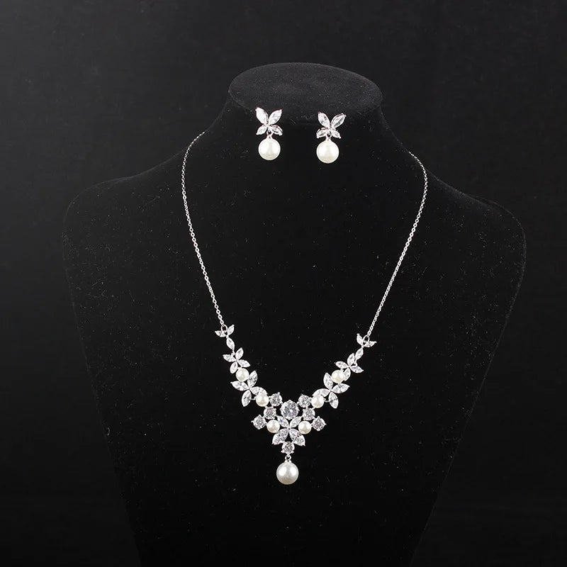 Vintage White Stone Women's Wedding Brass Jewelry Set Bridal Zircon Pearl Statement Necklace Earrings-for Parties Engagements