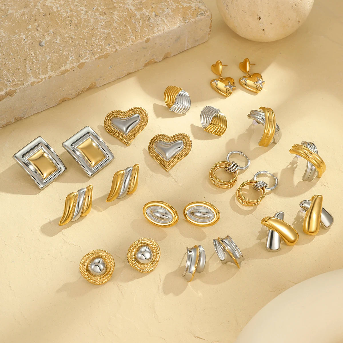 Delicate Bi-color  Stainless Steel Minimalist Geometric Textured Pleated Square Stud Earrings for Women Daily Jewelry