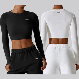 L800810 Custom Ribbed Sport Gym Compression Running Elastic Crop Top Long Sleeve T-Shirt Women Fitness Shirt Yoga Wear