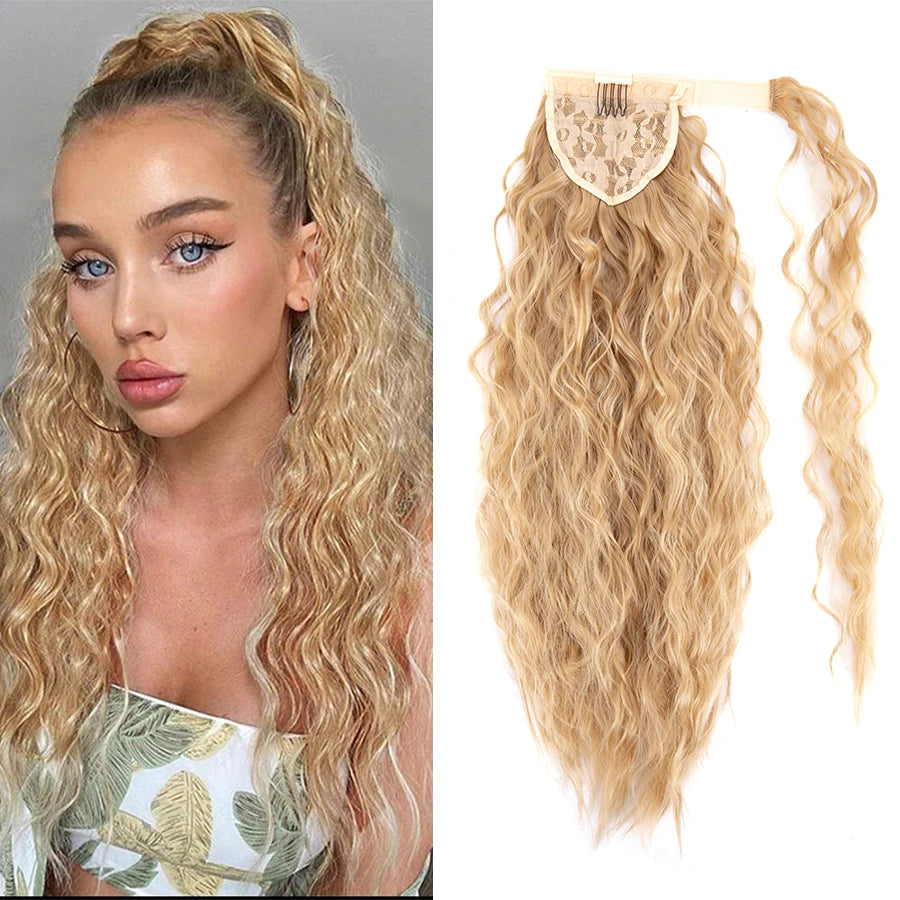 AliLeader Synthetic 22" Curly Corn Wavy Ponytail Wrap Around Hairpiece Magic Paste Black Pony Tail Long Ponytail for Women