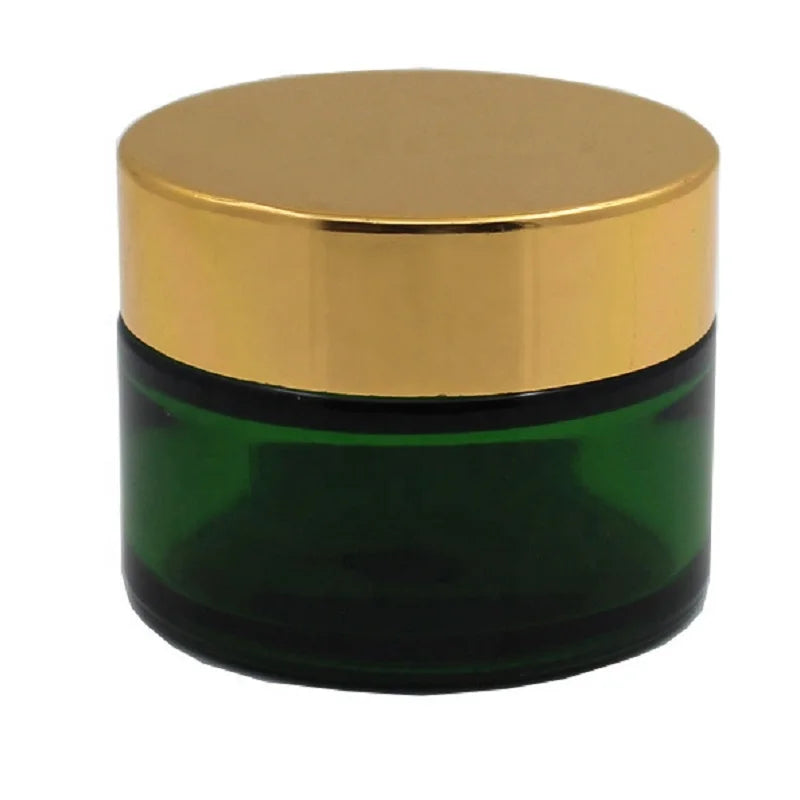 20g 30g 50g Cosmetic Glass Cream Jar Green Empty Eye Cream Jars Pot Body Lotion Skincare Face Cream Container Shiny Gold Lid
