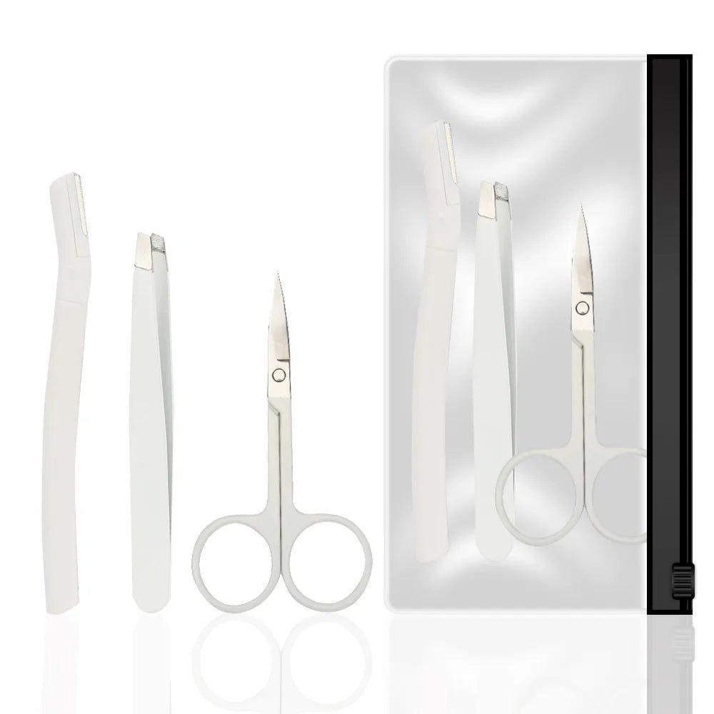 2024 New Style 3pcs Makeup White Tweezers Extension Scissor Razor Eyebrow Grooming Kit for Eyebrow Trimmer