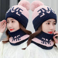 Women Knitted Beanie Scarf Set Fashion Thickening Hat Collars Set  Winter Warm Pom Pom Ball Beanies Hat Outdoor Fur Ski Caps