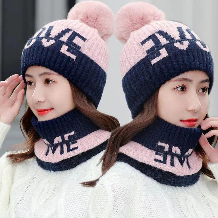 Women Knitted Beanie Scarf Set Fashion Thickening Hat Collars Set  Winter Warm Pom Pom Ball Beanies Hat Outdoor Fur Ski Caps