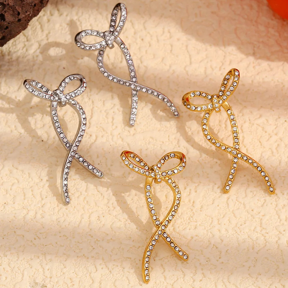 Wholesale Tarnish Free PVD Gold Plated Stainless Steel Full Zircon Irregular Bow Stud Earrings