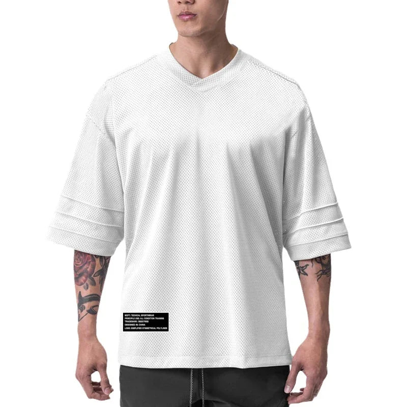 Muscleguys Mesh V Neck Oversized Half Sleeve T Shirt Mens Street Hip Hop Fitness T-shirt Loose Gym Clothing Bodybuilding Tshirt