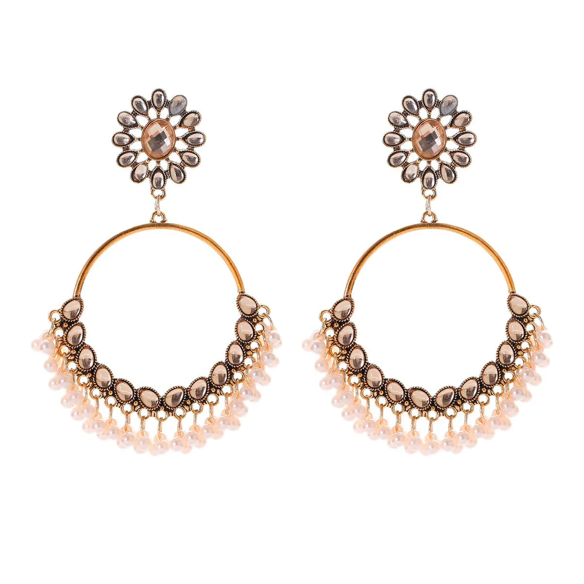 Gold Bell Shape Drop Earrings with Imitation Pearl Tassel Vintage Alloy Crystal Jewelry for Women Gift