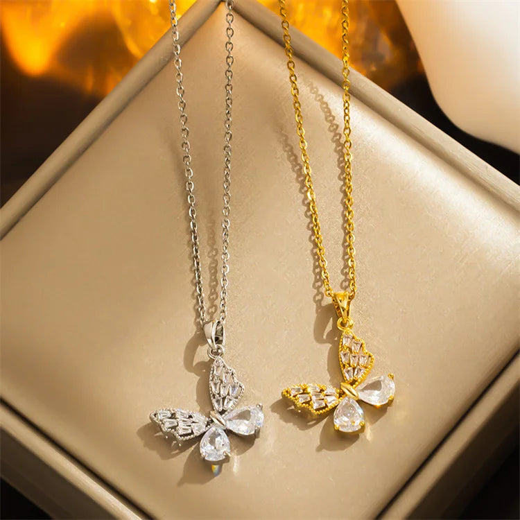 Wholesale New Simple Stainless Steel Waterproof Necklace Inlaid Zircon Butterfly Choker Necklace Women