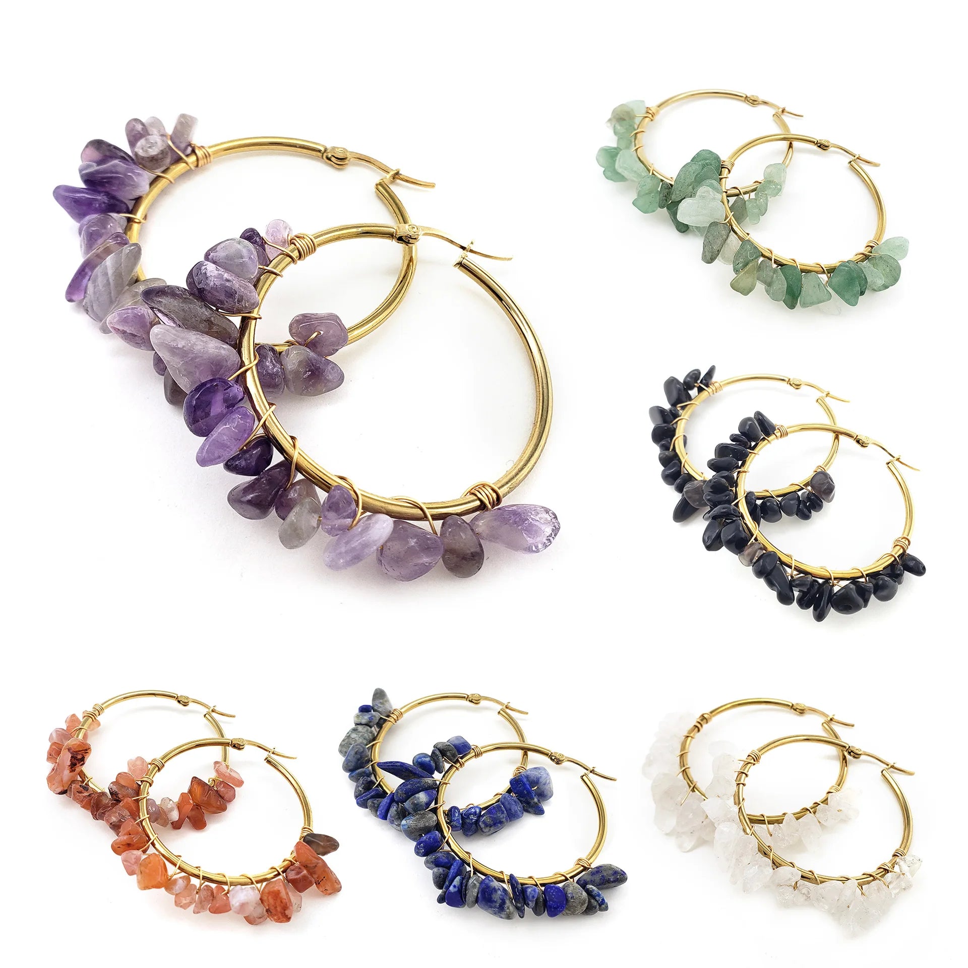 Handmade Stainless Steel Hoop Agate Amethyst GEM Natural Stone Earring Jewelry For Women