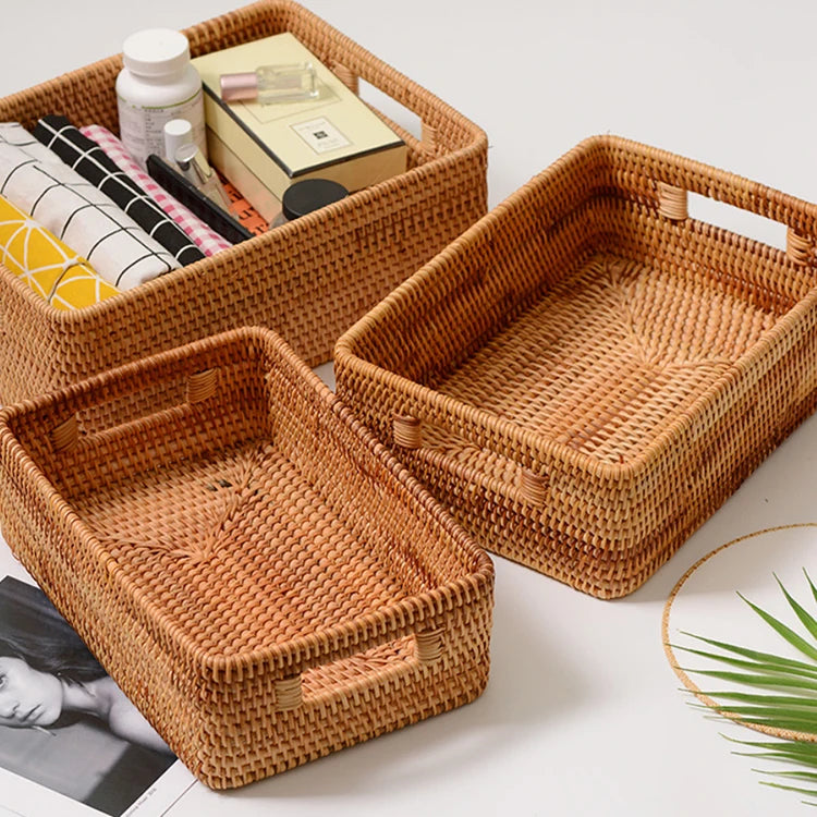 Wholesale Natural Color Rectangular Large Home Bedroom Kids Toys Rattan Bamboo Storage Basket Set with Handle