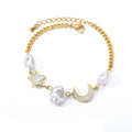 Fashion Minimalist IP Plating Link Chain 18K Gold  Stainless Steel Freshwater Pearl Moon Star Bracelet