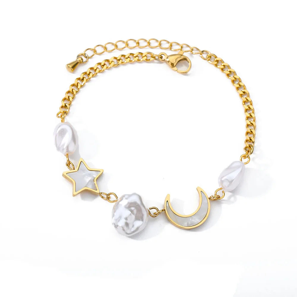 Fashion Minimalist IP Plating Link Chain 18K Gold  Stainless Steel Freshwater Pearl Moon Star Bracelet