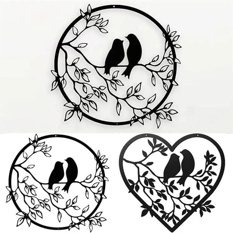 Iron Crafts Birds in Pairs Silhouette on the Tree Metal Pendant on the Wall Tv Wall Hanging