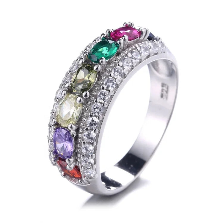Sterling Silver 925 Wide Band Ring with Colorful Stones Engagement Rings for Women