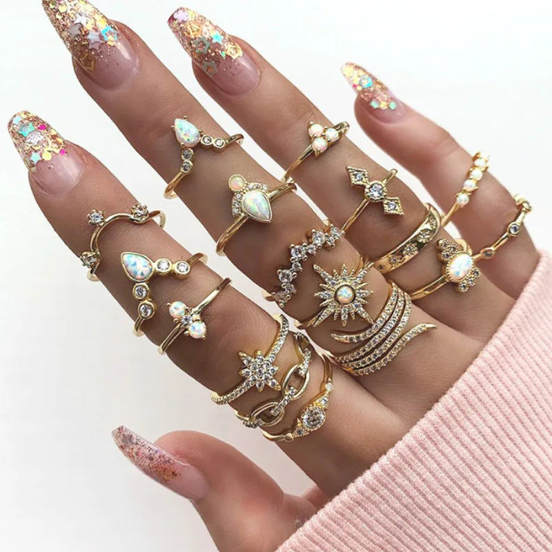AA00122 17Pcs/set Boho Crystal Rhinestone Ring Set Water Drop Flowers Sun Geometric Vintage Full Finger Rings for Woman