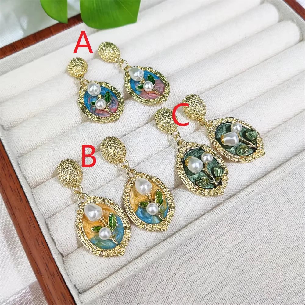 Latest Designs Drop Oil Monet's Garden Enamel Jewelry Flower with White Pearl Studs 18K Gold Plated Pendant Earrings for Sale