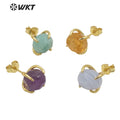 WT-E646 Wholesale Fashion Gold Plated Prong Setting Natural Faceted Stone Studs OL Style Elegant Rose Quartz Stone Earrings