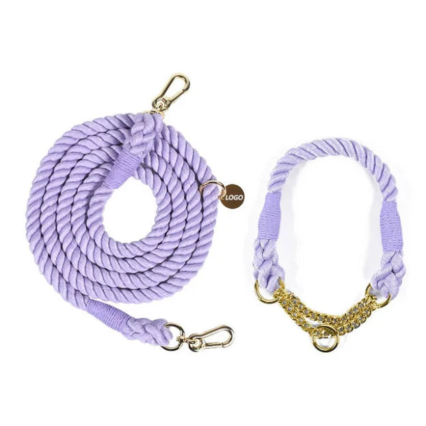 High Quality Macaron Pet Collar Leash Set Rainbow Rope Braided Cotton Rope