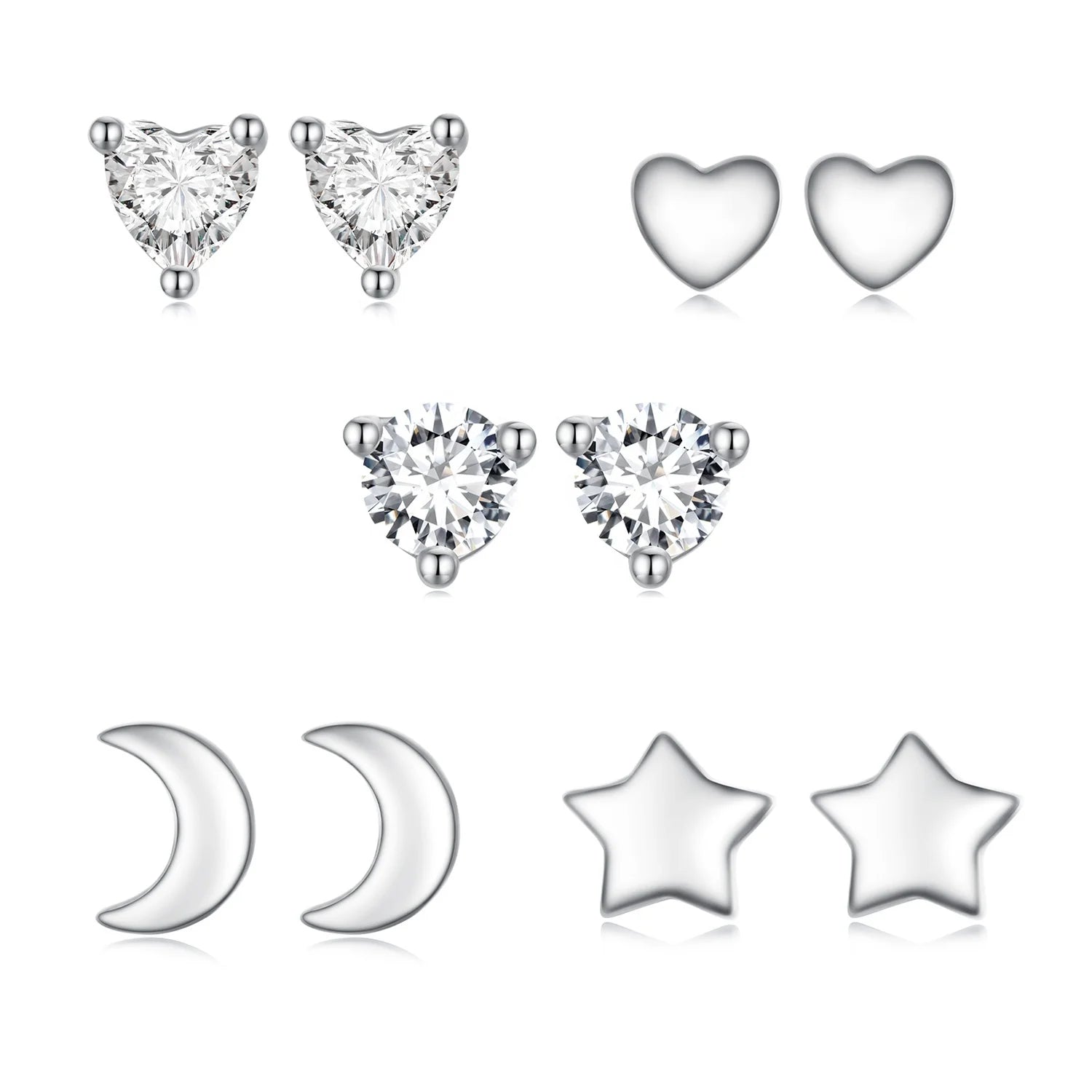 925 Sterling Silver Mini Heart Star Moon Stud Earrings Shiny Zircon Simple Design Minimalist Fine Jewelry for Women