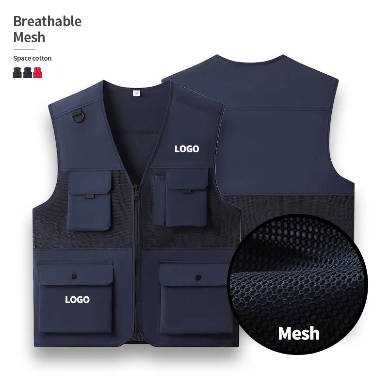Color Customized Breathable Mesh Summer Zip up 4 Pocket V-Neck Fishing Men Sleeveless Jackets Working Camping Logo Custom Vest