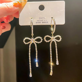 New Statement Full Diamond Bow Earrings Gold Silver Bow Dangly Earrings Cute Sparkly Bowknot Earrings Gifts for Women