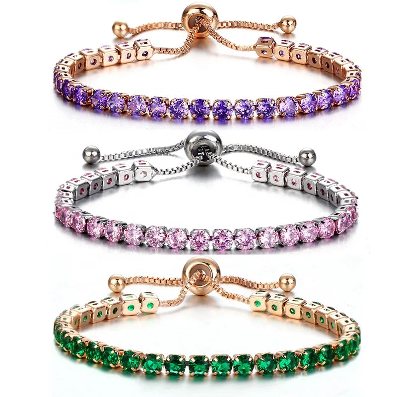Fashion Silver Rose Gold Plated Adjustable Slip Knot Multi Color Crystal Zircon Tennis Chain Bracelet Jewelry for Woman Ladies