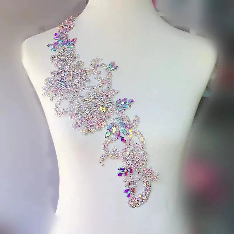 Dazzling AB Colored Glass Diamond Strip Flower Sew-on Decoration for DIY Hat Wedding Dress Garment DP01