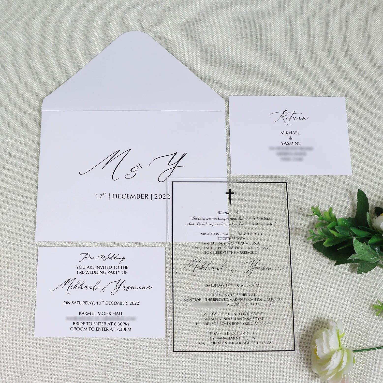 Simple Elegant Black Foil Clear Acrylic Invitations Rsvp Cards With DIY White Paper Envelope for Wedding Ceremony