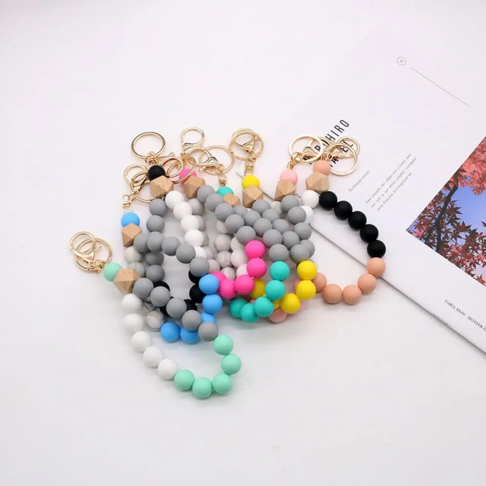 Unique Beaded Bangle Key Chains Girls Women Gift Silicone Bead Wristlet Key Chains Silicone Key Rings Bracelet Wristlet Keychain