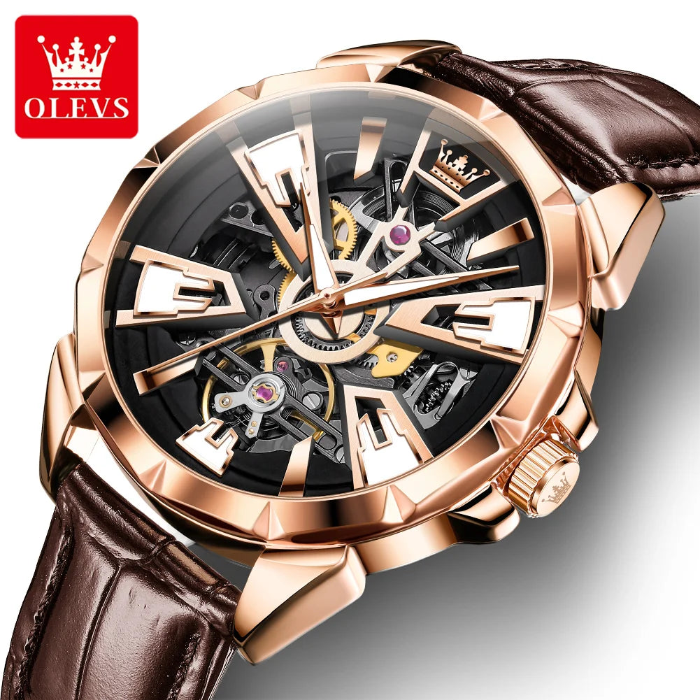 OLEVS 7051 Top Brand Mens Skeleton Waterproof Automatic Watch New Design Super Luminous Leather Mechanical Watches for Men